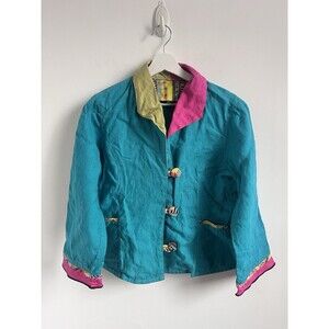 Linen Blazer Jacket Teal Green Pink Sz M Festive Colorful